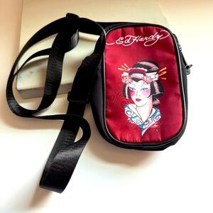NWOT Ed Hardy Unisex Black/Red Geisha Tattoo Print Nylon Adjustable Crossbody